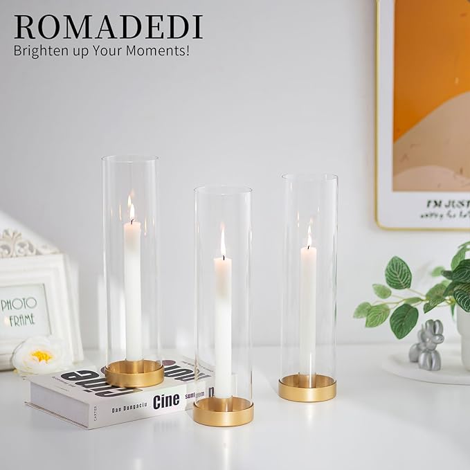 Romadedi Candlestick Candle Holders Hurricane Glass - 12 Inch Clear Gold Taper Candle Holders for Table Centerpiece Wedding Party Birthday Christmas Decor Home Decorations, Set of 2
