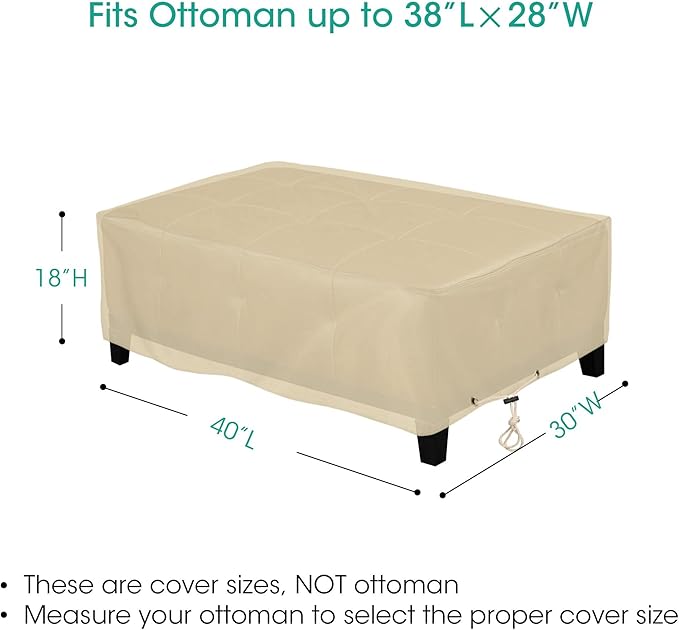 SunPatio Outdoor Ottoman Cover, Heavy Duty Waterproof Rectangular Coffee Table Cover, Patio Furniture Side Table Cover, All Weather Protection, 40" L x 30" W x 18" H, Beige