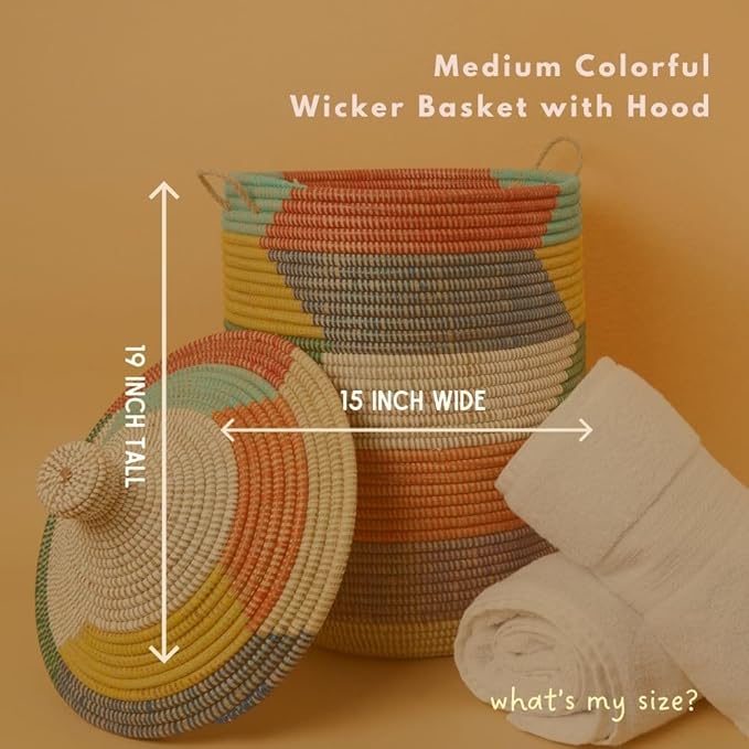 Medium Decorative Colorful Wicker Basket, Home Storage and Organization, Laundry, Blankets, Toys, Clothes, Hamper, Bin, Sturdy, Round, Hand Woven, 19" Tall, 15" Wide