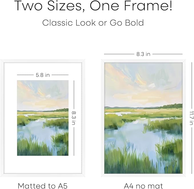 Homeforia A4 Picture Frame White, High End Metal 8.3 x 11.7 Frames for Wall, A4 Photo Frame with Mat for A5 inch Print, 8.25 by 11.75 White Poster Frames, 8.3x11.7 Frame with Glass, Wall Kit, Set of 1