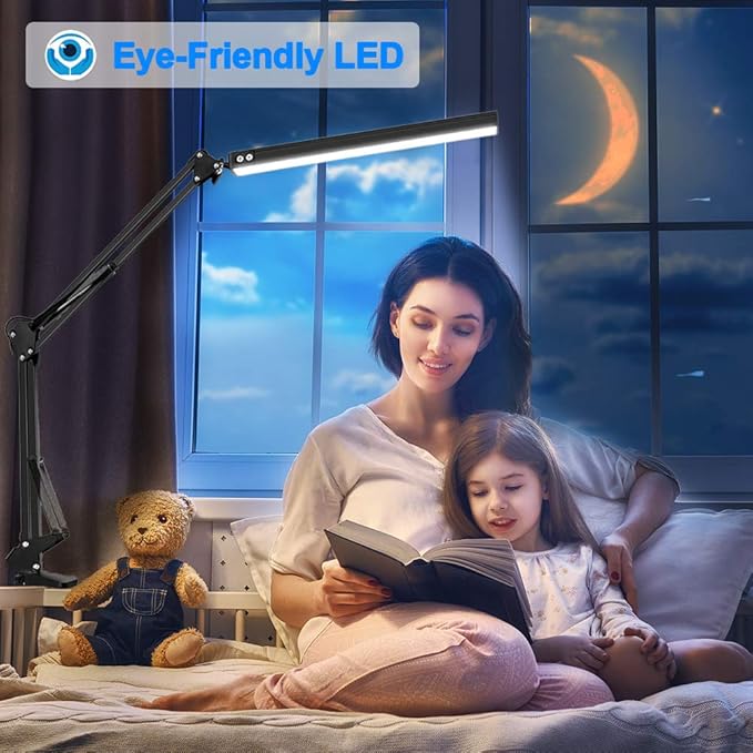 LED Desk Lamp for Home,Office,Reading,Adjustable Eye-Caring Desk Light with Clamp,Swing Arm Lamp Includes 3 Color Modes,10 Brightness Levels Table Lamps with Memory Function