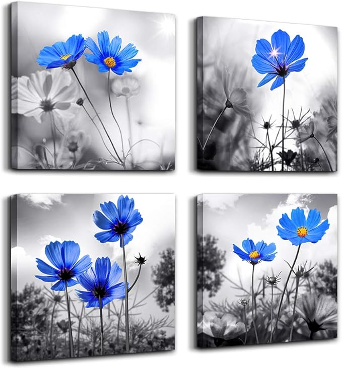 Canvas wall art for kitchen Simple Life Black and white landscape cyan blue flowers wall Decor for bedroom Artwork 12" x 12" 4 Pieces Framed Canvas Prints Ready to Hang or living room Home Decoration