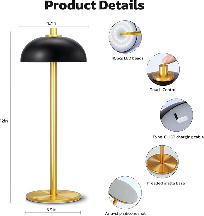 Rechargeable Cordless Table Lamp 2 Pack - 5000mAh Battery Powered Lamp, 3 Color Stepless Dimming LED Table Light with Memory Function, for outdoor, Dinner, Patio, Home, Restaurant.(Black and Gold)