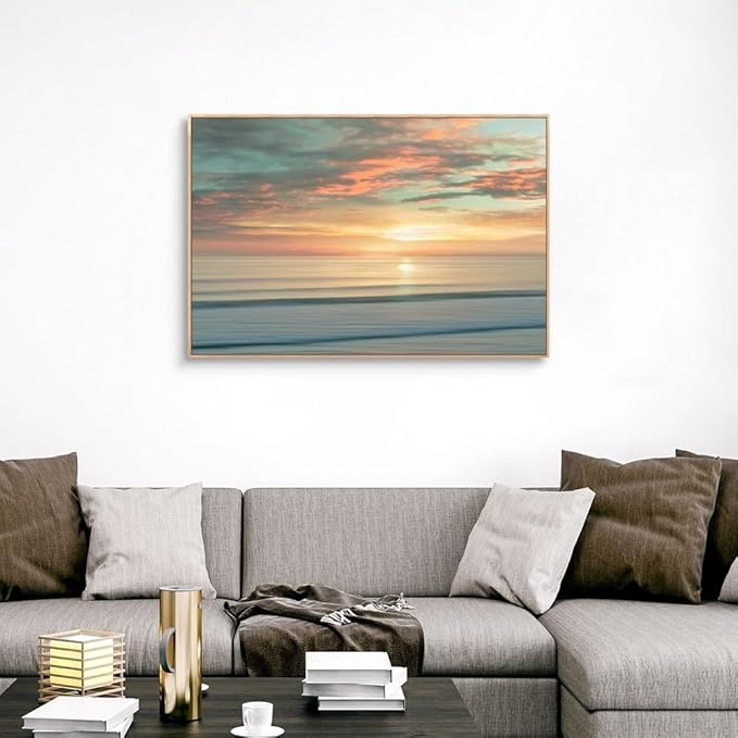 CANVAS ON DEMAND Beach Sunrise Natural Wood Float Framed Canvas Wall Art Print by Alex Hanson, Contemporary, Home Decor, Ocean Artwork,48" x32in
