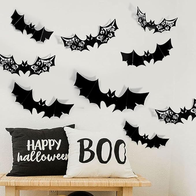72Pcs Large Hollow Bats Wall Stickers Decals - Oversized Black Bats Decor for Kitchen, Bedroom, Fireplace, Ceiling, Indoor/Outdoor Halloween Party Favor Supplies