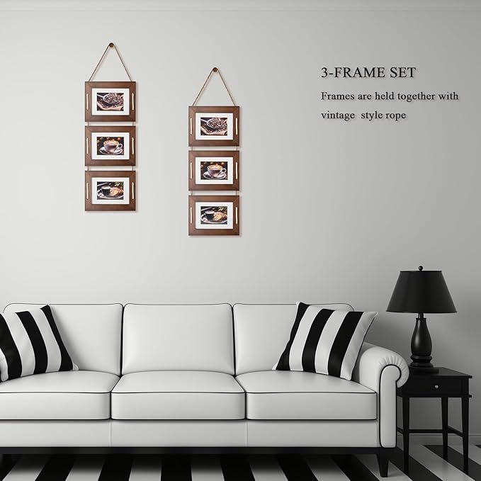 DLQuarts 5x7 Hanging Picture Frames Collage Wall Decor, 3 Opening 5x7 Matted to 3.5x5 Photo Rustic Wood Frame, Dark Walnut, 2 Pack