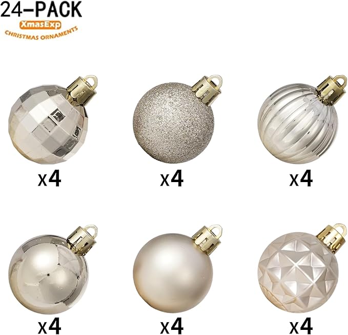 XmasExp Christmas Ball Ornaments (1.57", Champagne Gold) 24ct Christmas Ball Ornaments Shatterproof Xmas Tree Hanging Balls Decorations Perfect for Holiday Wedding Christmas Decor