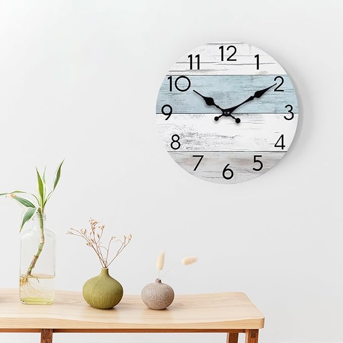 Wall Clock Silent Non-Ticking 14 Inch Battery Operated Country Large Retro Rustic and Beach Style Decorative for Living Room, Kitchen, Home,Bathroom, Office (Blue)