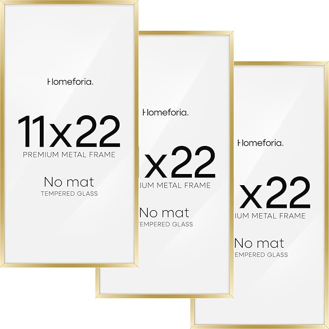 Homeforia 11x22 Newspaper Frame Gold, High End Metal 11 x 22 Picture Frame without Mat, 22x11 Thin Gold Poster Frames for Wall, 11 by 22 inches Display Photo Frames, Tempered Glass, Wall Kit, Set of 3