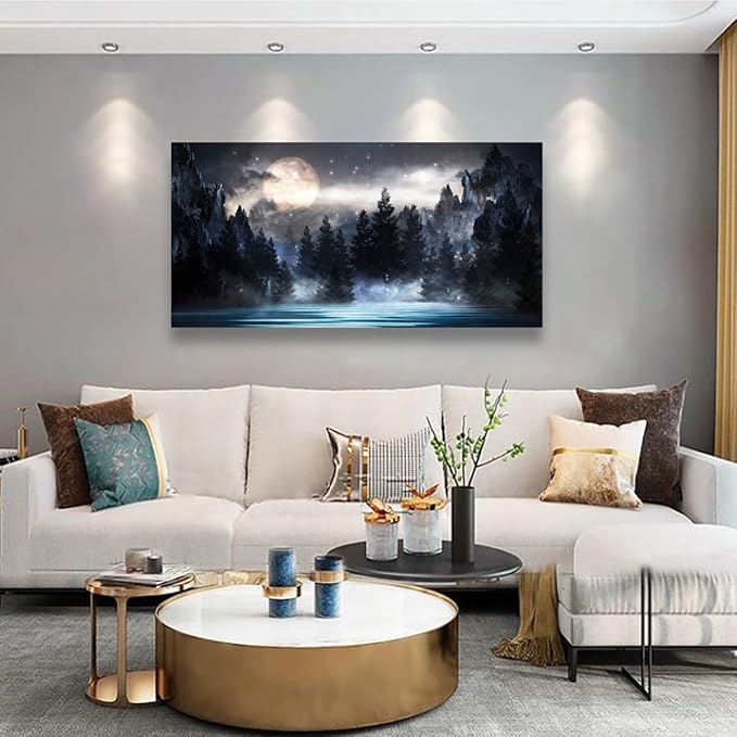 Mountain Moon Pictures Canvas Wall Art for Living room Office Bedroom Wall Decor,Moon Wall Art Print Paintings Modern Forest Nature Blue Lake Artwork Waterproof Ready to Hang-28X57 inch