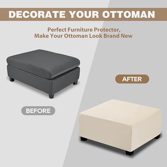 NeColorLife Velvet Ottoman Cover Square, Stretchable Footrest Stool Slipcover with Elastic Band for Rectangle and Square Storage Ottoman (Large, Cream (with Warm Undertones))