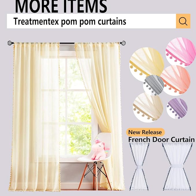 Treatmentex White Sheer Curtains Black Pompoms 63" inches Long Window Draperies for Boy's Room Bed Canopy 2 Panels Rod Pocket