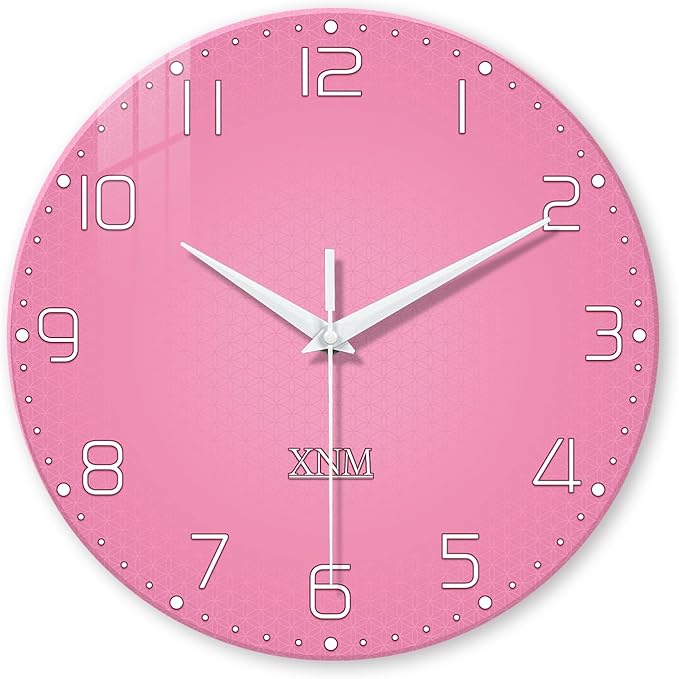 XNM Pink Clock for Girls Bedroom Small Wall Clock Battery Operated 14 Inch Glass Analog Wall Clock Non Ticking