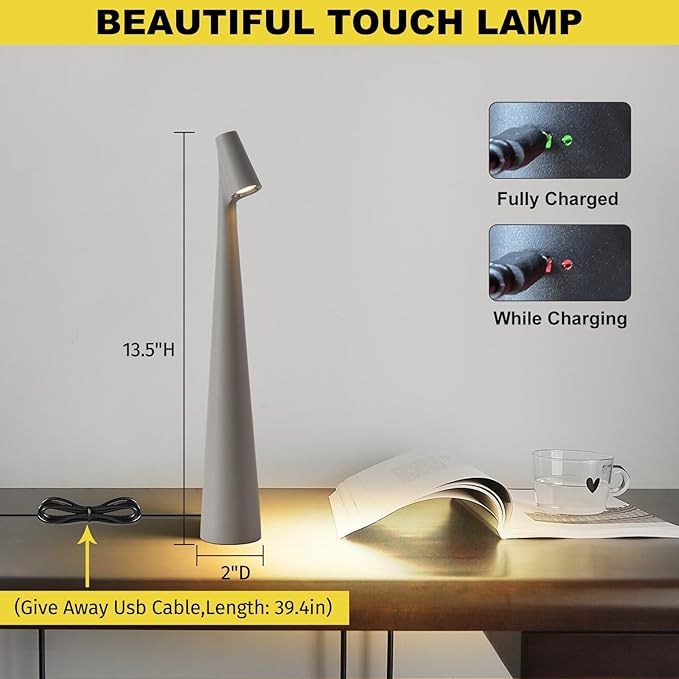 Cordless Small Table Lamps,3 Levels Brightness Portable Desk Lamp,Rechargeable Battery Lights for Outdoor, Restaurant, Bedside, Baby Night Light,Gifts (Grey)