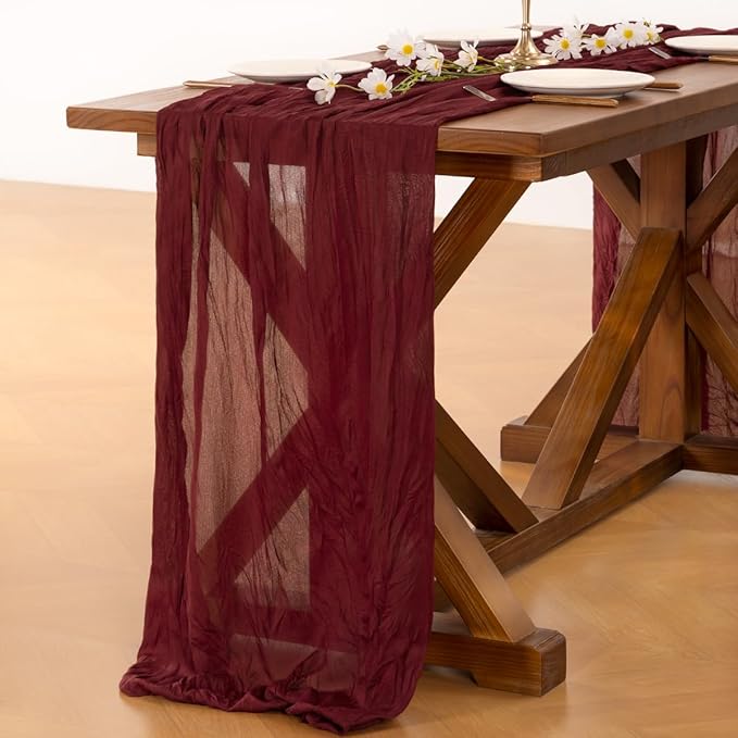 Socomi 10pcs Burgundy Red Valentine's Day Cheesecloth Table Runner Boho Rustic Gauze 120 inch 10FT Cheese Cloth Runner for Wedding Party Baby Shower Birthday Home Decor Holiday Decorations