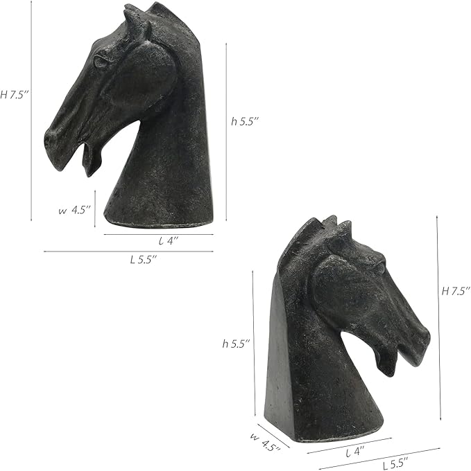 Lukitas Horse Head Decorative Bookends - Heavy Duty Non-Slip Book Holders, Modern Equestrian Ornaments for Office Home Bookshelf Decor, Black, Resin 7.5''