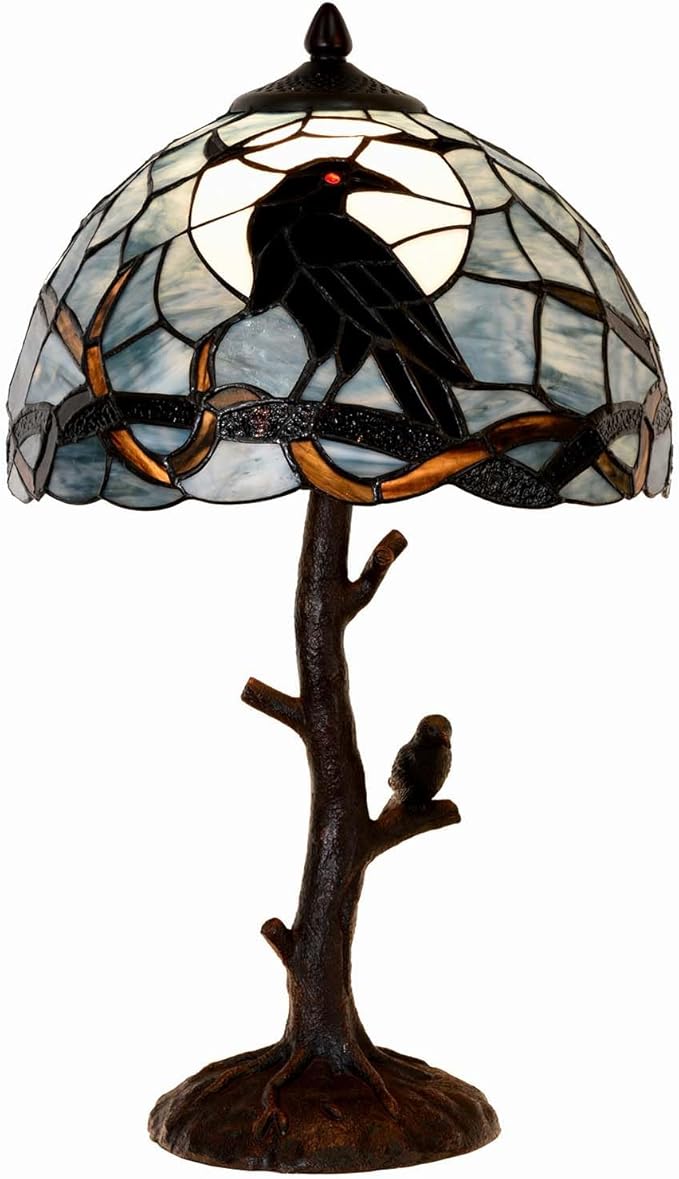 Bieye L10956 Raven Sitting on Bare Tree Branch in Full Moon Night Tiffany Style Stained Glass Table Lamp for Home Decor (Dark Blue, 12Wx20H)