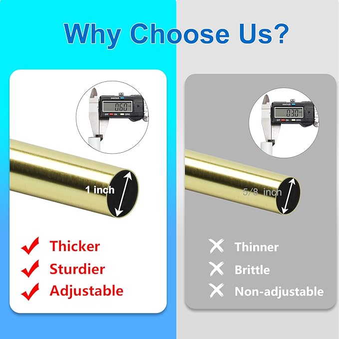 Curtain Rods for Windows 16 to 144 Inches Adjustable Length 1 Inch Diameter Window Curtain Rod with Aluminium Finials, Gold