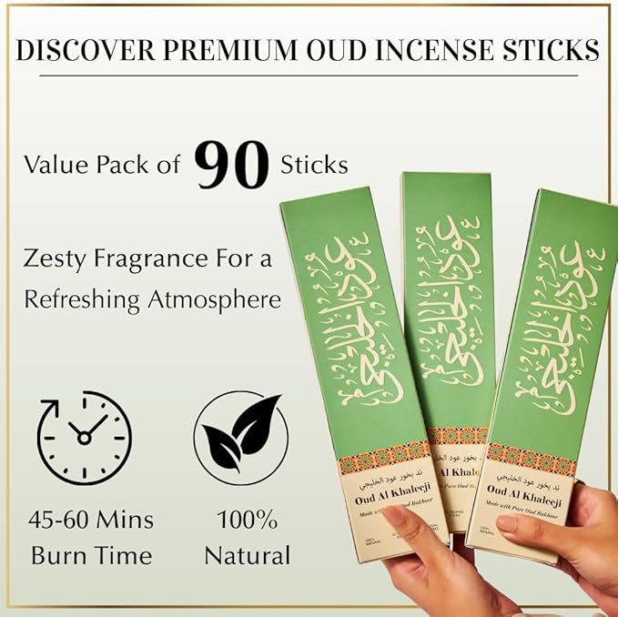 Oud Al Khaleeji Incense Sticks by Dukhni – Zesty Oudh Scent | Agarwood Arabian Charcoal Free Incense I 90 Long-Lasting Oud Sticks | Organic & Non Toxic I Relaxing Aroma for Home, Meditation, Prayer