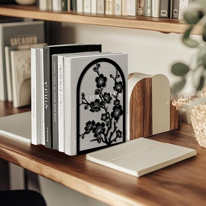 Peacoblue Metal Bookends for Shelves, Modern Decorative Heavy Duty Study Book Ends Stoppers for Office, Desk, Shelf, Room 5.3"x4.3"x7.9" Cast Iron Simple Tall Bookends 1 Pair (Plum Blossom Branches)