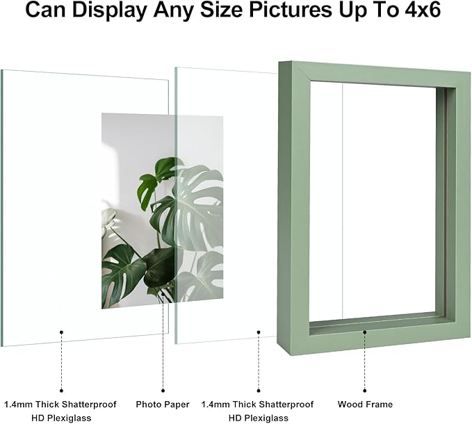 Egofine 4x6 Floating Frames Set of 2, Double Plexiglass Picture Frame, Made of Solid Wood Display Any Size Photo up to 4x6, Wall Mount or Tabletop Standing, Green