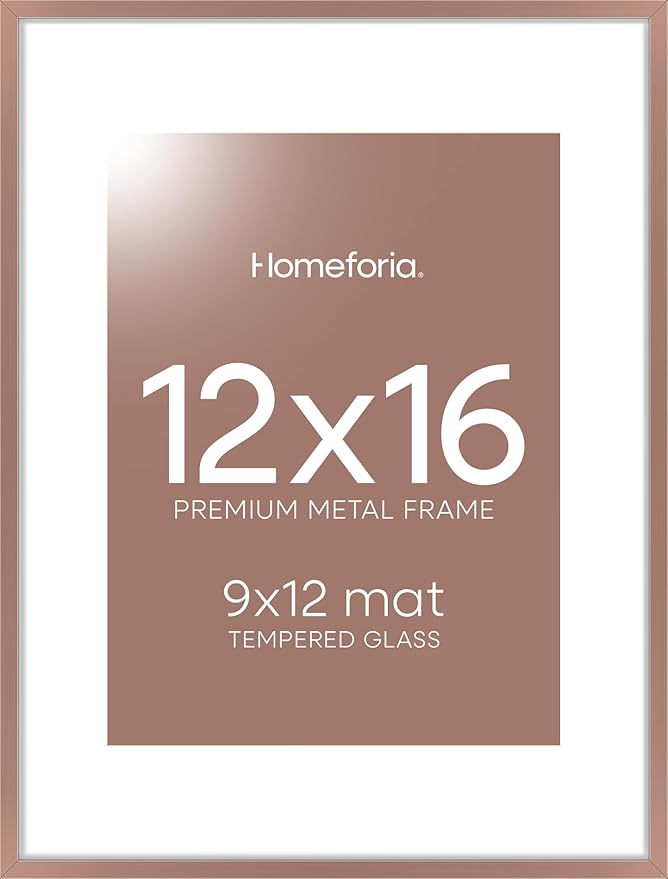 Homeforia 12x16 Picture Frame Mocha, High End Metal 12x16 Poster Frames with Mat 9x12 for Photo, 12 x 16 Mocha Frame Matted to 9 by 12 inch Print, 16x12 Thin Frames, Tempered Glass, Wall Kit, Set of 1