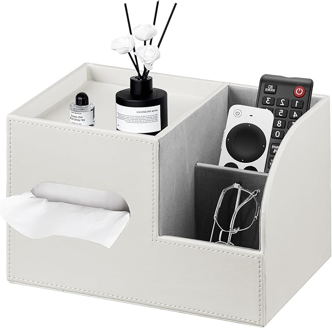 PU Leather Tissue Box Cover Square,Tissue Box Holder Organizer with Storage Tray and Remote Control Holder for Bathroom Countertop Night Stands Bedroom Office Desk,Napkin Caddy Decorative White