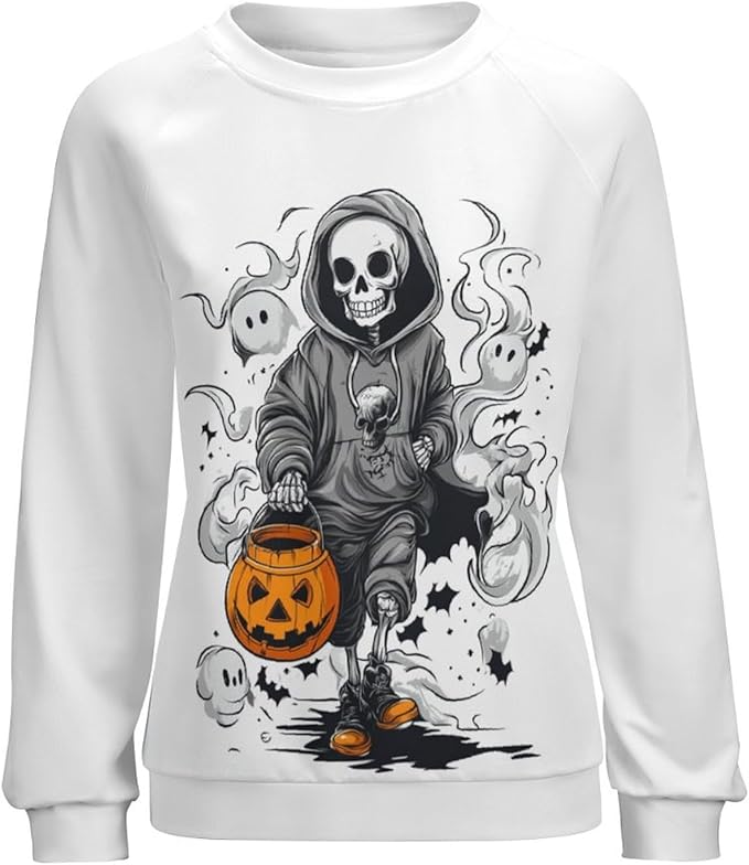 Halloween Sweatshirts for Women Funny and Spooky Print Crewneck Oversized Pullover Outdoor Lounge Fashion Sweater