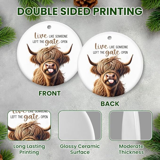 Christmas Highland Cow Gifts for Women Men - Ceramic Christmas Ornaments 2025 for Xmas Tree Decorations - Farmhouse Cow Ornament, Animal Lover Gifts for Friends Family Farmers Home Decorations