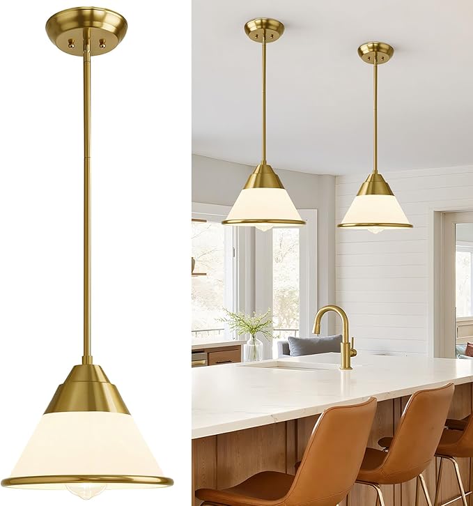 Milk Glass Pendant Light Fixture for Kitchen Island, 9.4" Gold Vintage Chandelier with Adjustable 6 Hanging Poles Pendant Light for Dining Room, Living Room, Stairway, Hallway, or Entrance