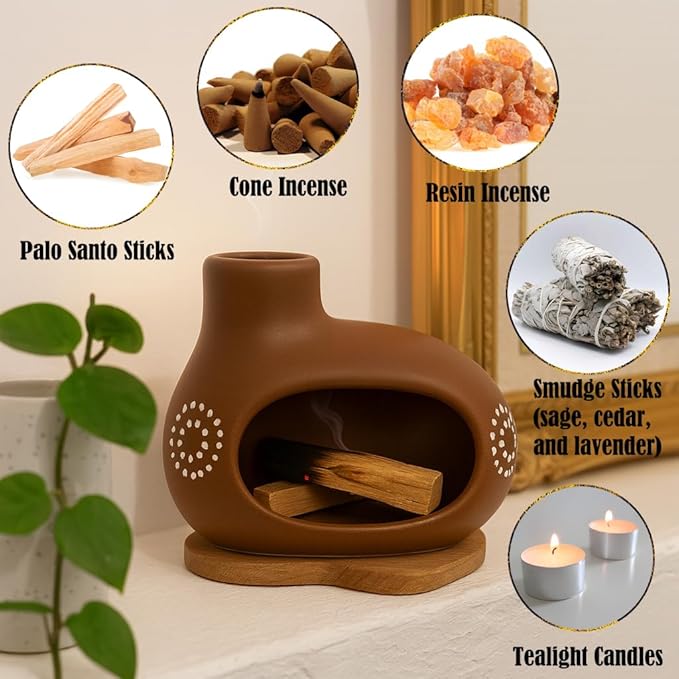 Palo Santo Sticks Holder, Handmade Ceramic Palo Santo Holder Burner for Burning Cone or Resin Incense, Smudge Sticks and Tealight, Chiminea Incense Holder for Meditation, Cleansing Negative Energy