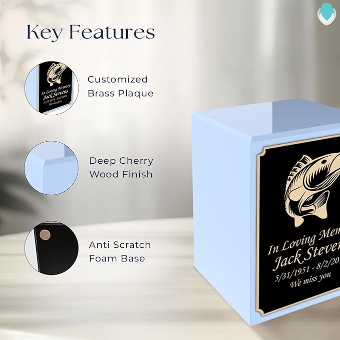 GetUrns Custom Fishing Small Urn Box for Human Ashes I Personalized Wooden Keepsake Cremation Urn for Male or Female I Light Blue Memorial Box I 40lbs