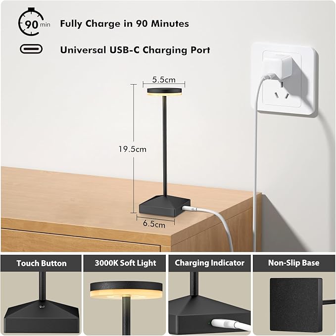 3 Pack 7.67in Black Small Cordless Table Lamps Rechargeable, Battery Operated Mini Lamp, Small Lamp Touch Portable Table Lights, LED Night Light for Bedside/Dining/Bar/Outdoor (Black-C)