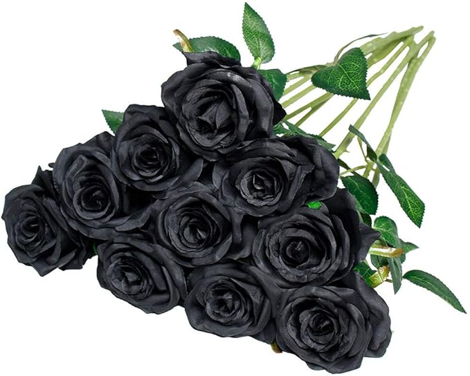 Nubry Artificial Silk Rose Flower Bouquet Lifelike Fake Rose for Wedding Home Party Decoration Event Gift 10pcs (Black)