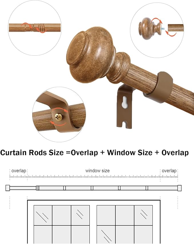 Wood Curtain Rods for Windows 32 to 45 Inch, 1 Inch Adjustable Curtain Rod Decoration Boho Drapery Rods Heavy Duty, Farmhouse Rustic with Imitation Wood Grain Finials