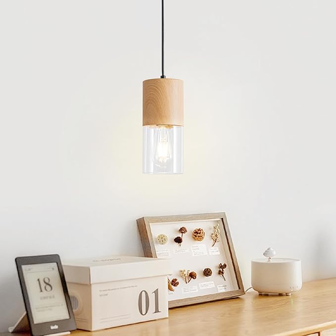 2-Pack Modern Pendant Lights for Kitchen Island, Adjustable Pendant Light Fixtures with Raw Wood Grain, Industrial Clear Glass Pendant Lights for Dining Table Hallway Bedroom Living Room