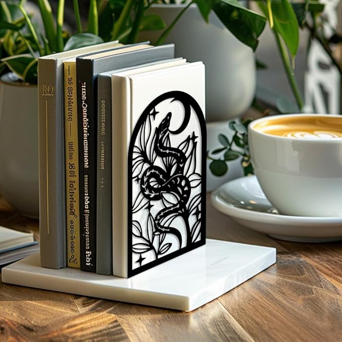 Peacoblue Metal Bookends for Shelves, Modern Decorative Heavy Duty Study Book Support Stoppers for Office, Desk, Shelf, Room 5.3"x4.3"x7.9" Cast Iron Simple Bookends, 1 Pair (Bohemia Snake and Flower)