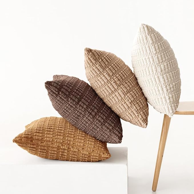 MIULEE Pack of 4 Neutral Corduroy Decorative Throw Pillow Covers 20x20 Inch for Sofa Living Room Couch Bed Rustic Farmhouse Boho Soft Striped Pillow Covers Home Decor Brown