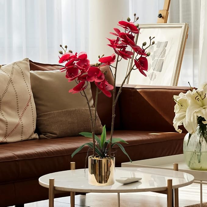 CXGS Artificial Orchid Flower Plant Real Touch Faux Orchids in Ceramic Vase Red 19.7'' Fake Phalaenopsis Flower Arrangement Centerpiece Home Indoor Decor