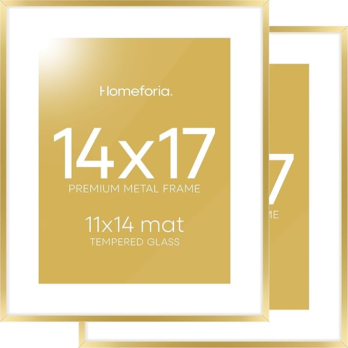 Homeforia 14x17 Picture Frame Gold, High End Metal 14x17 Poster Frames with Mat 11x14 Photo, 14 x 17 Gold Frames Matted to 11 by 14 Print, 17x14 Thin Hanging Frames, Tempered Glass, Wall Kit, Set of 2