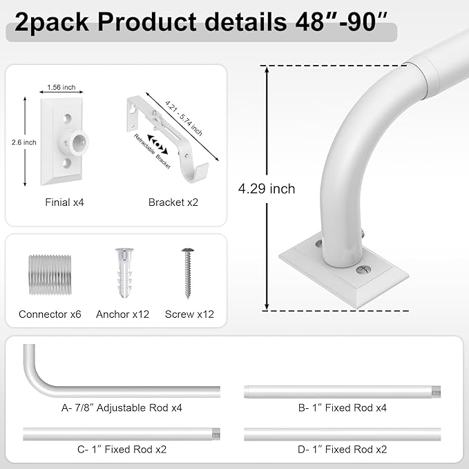 White Curtain Rods 2 Pack, Heavy Duty Wrap Around Curtain Rod for Windows 48 to 84 Inch, 1" Adjustable Decorative Blackout Curved Drapery Pole, Modern Room Darkening Rod, Window Treatment Rods