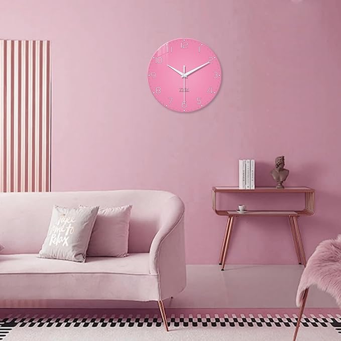 XNM Pink Clock for Girls Bedroom Small Wall Clock Battery Operated 14 Inch Glass Analog Wall Clock Non Ticking