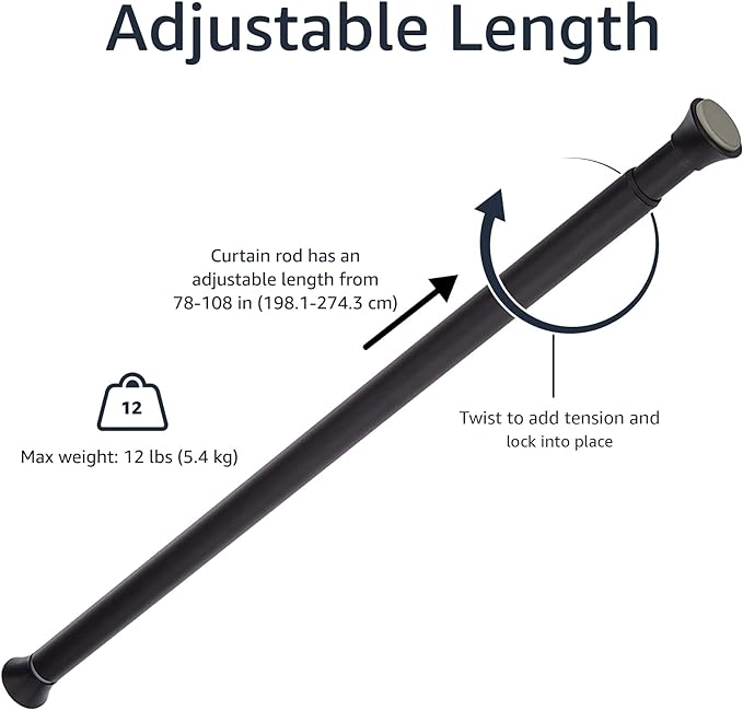 Amazon Basics Tension Curtain Rod, Adjustable 78-108" Width - Black, Classic Finial