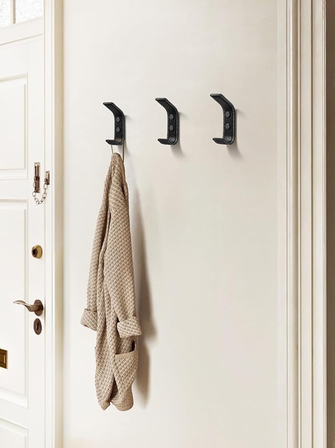 4 Pack Black Leather Coat 2 Hooks Wall for Hanging Rectangle Coat Hooks for Hanging Robe Towels Bags Hats Scarf Keys Clothes Suitable for Bedroom, Entryway and Closet
