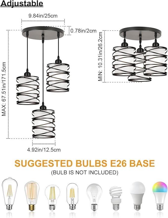 Black Pendant Lights for Kitchen Island 3-Light Pendant Light Fixtures with Frosted Glass Shades, Spiral Iron Kitchen Island Lighting Adjustable Pendant Lighting for Dining Room, Kitchen