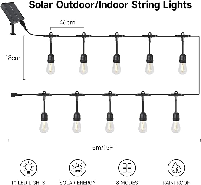 15FT Solar String Lights Waterproof for Outdoor, Patio Lights Solar Powered with USB Port, LED Shatterproof Bulbs,8 Lighting Modes,Solar Light for Camping Backyard Garden (Bulb-Warm White)