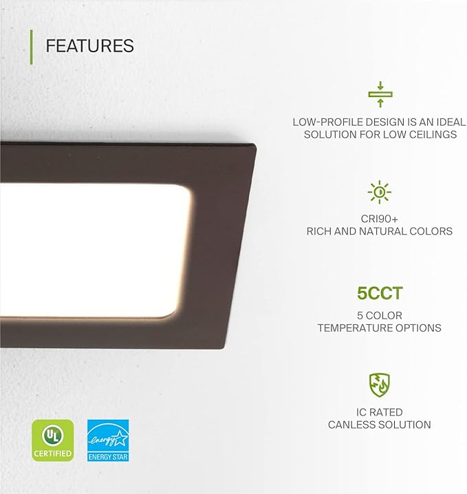 ASD 12 Pack LED Square Recessed Lighting 4 Inch, 5 CCT 2700K-5000K, 12W 50W Eqv, Ultra Thin Dimmable Ceiling Lights with J Box, Canless Wafer Downlight, Slim Panel, UL Energy Star, Oil-Rubbed Bronze