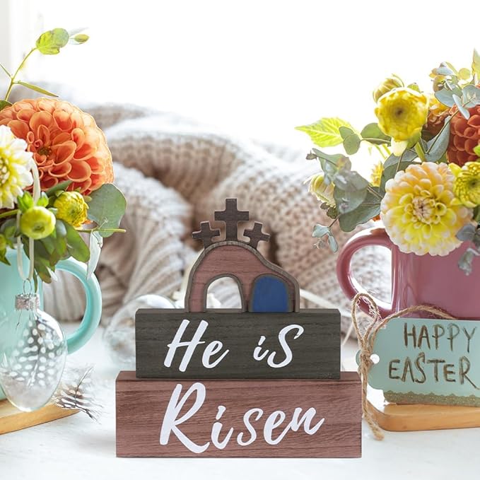 Easter Decorations, MEETYAMOR 3-Layered He is Risen Sign Cross Gifts Wood Block Easter Decor, Empty Tomb Scene Decorations Indoor for Home, Living Room, Tables, Mantel