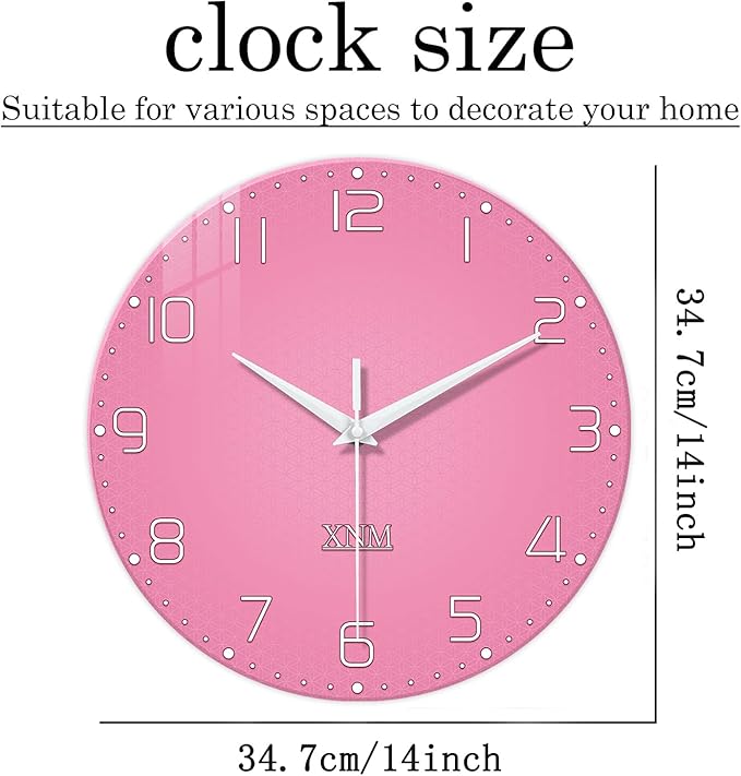 XNM Pink Clock for Girls Bedroom Small Wall Clock Battery Operated 14 Inch Glass Analog Wall Clock Non Ticking