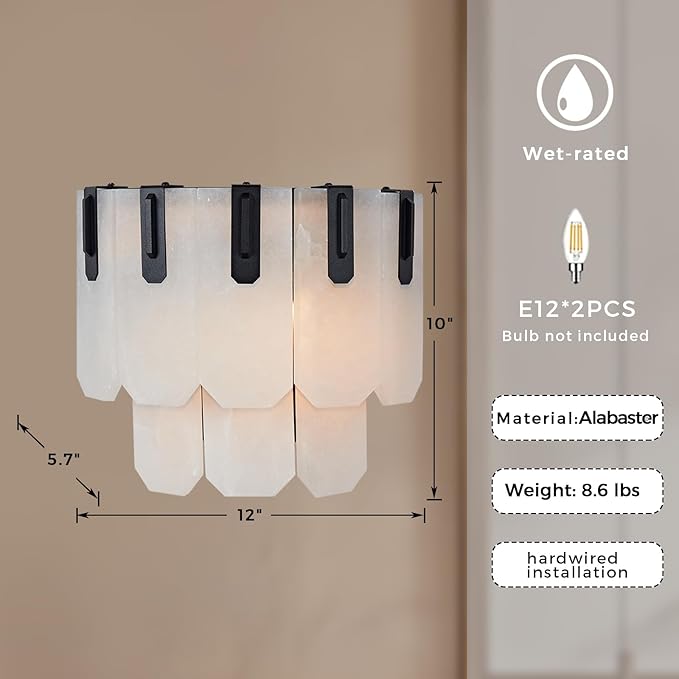 Modern Wall Sconce with Alabaster Shade - Piano Key Design Bathroom Vanity Light for Mirror, Bedroom, Hallway | Hardwired, E12 Bulb, Steel Frame (12" W)